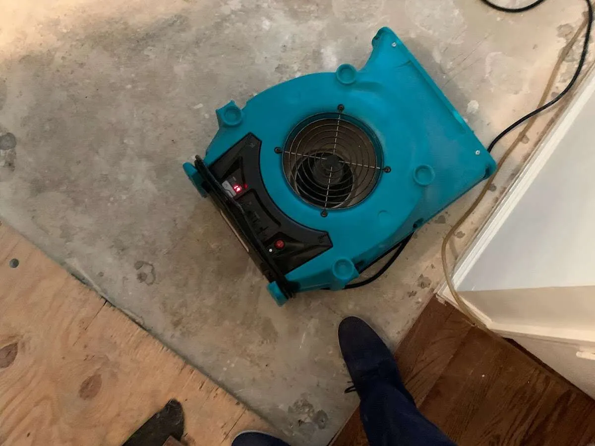 Air mover drying subfloor during Commercial Water Damage Restoration in Tecumseh